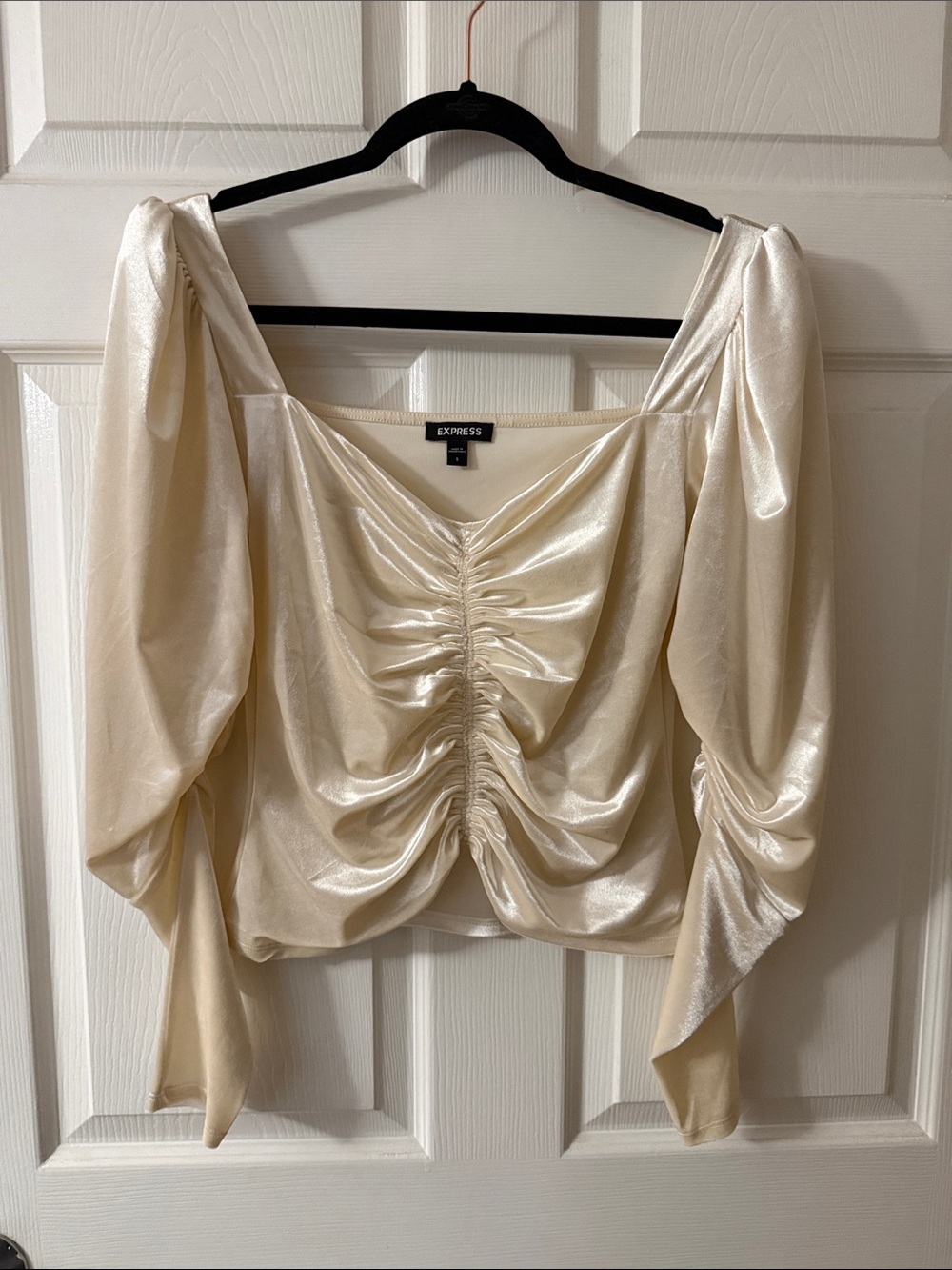 Express Satin Ruched Square-Neck Long Sleeve Top in Cream